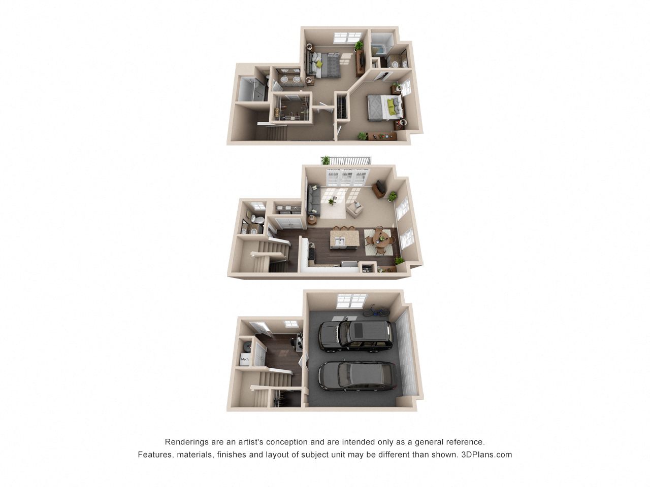Floor plan for 2 beds, 2.5 baths, 1452 sqft
